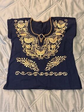 Embroidered Navy Blue Women's Top with Gold Floral Detailing